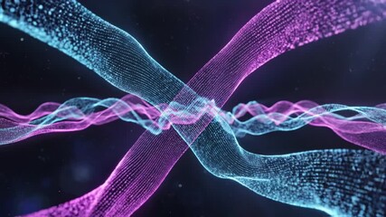 Vibrant pink and blue neon light waves on a dark background with stars - Powered by Adobe