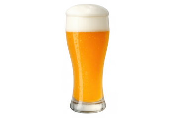 Refreshing golden beer glass with a white foam head, showing condensation and bubbles, on a transparent background