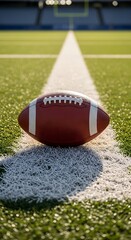 Leather oval ball rests upon the painted yard line of a grassy sports field.