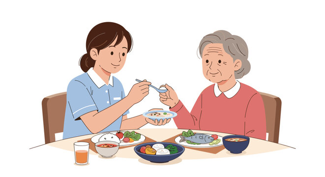 Compassionate female caregiver or nurse patiently spoon-feeding a healthy and balanced meal to an elderly woman at a dining table.