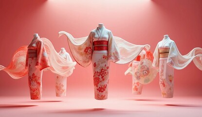 Modern Japanese Kimono Collection on Floating Mannequins