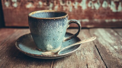 Rustic ceramic mug with spoon on wooden table