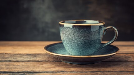 Rustic coffee cup and saucer on wooden table