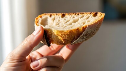 Artisan sourdough bread slice held in hand, close-up bakery freshness