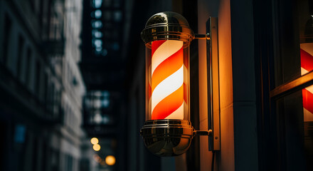 Close-up of a classic barbershop pole with red and white spirals, illuminated against a dark, blurry city backdrop. The pole is gold and mounted on the wall