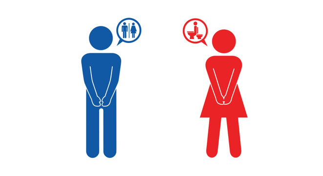 A simple pictogram of a man and a woman who urgently need to use the toilet, showing a common human need or medical issue.