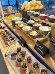 Assorted dessert buffet with mango rice bowls custard and blueberry cheesecake pastries display.