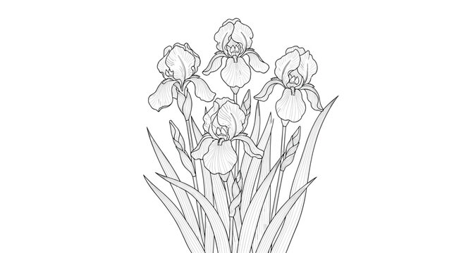 A detailed black and white line art illustration of a beautiful bouquet of blooming iris flowers with long leaves and buds.