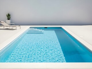 Modern swimming pool design with minimal white surfaces and azure water