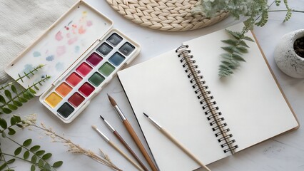 Open watercolour paint set with brushes and a blank sketchbook on a desk for artistic creativity and hobby painting projects. AI generated