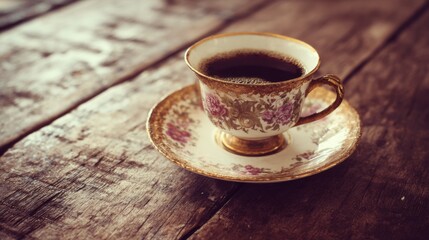 Vintage cup of hot black coffee on wooden table