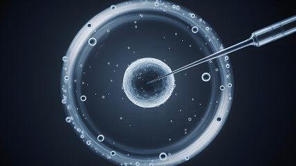 Microscopic view of human fertilization a pipette injecting fluid into an egg cell in a petri dish, symbolizing IVF and assisted reproduction.png