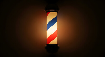 Illuminated, barber's pole featuring alternating red, white, and blue spiral stripes, mounted vertically against a dark brown backdrop