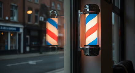 Illuminated barber pole, classic red, white, and blue spiral design, reflects in shop window, street backdrop