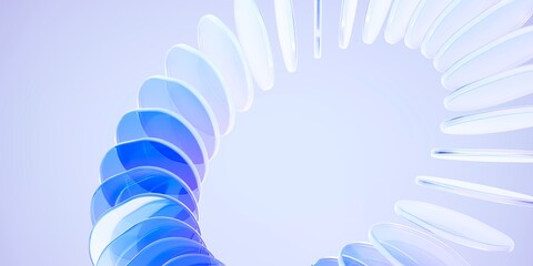 Abstract 3D Composition of Repeating Translucent Glass Disc Elements Forming a Circular Spiral Structure with Blue Gradient Layers on a Light Background, 3d render