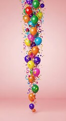 Vibrant colorful balloons and confetti stream vertically down against a soft pink background