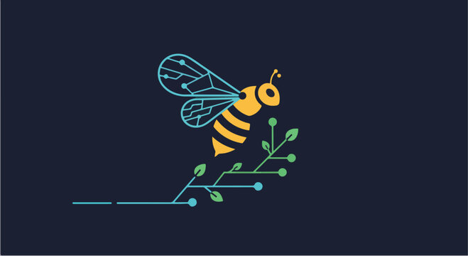 Stylized cybernetic bee with circuit wings on a digital plant.