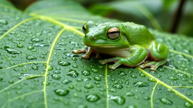 Green Tree Frog on Leaf with Water Droplets Close Up.