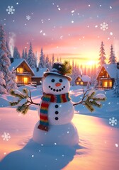 Charming snowman figure stands in snowy landscape during vibrant sunset