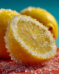 Sugar crystals on fresh lemons on red surface