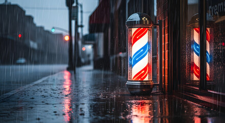 A classic barber pole, illuminated, stands on a wet sidewalk in the rain, reflecting in a store window. A city street is in the blurred background
