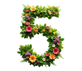 Number five made of colourful spring leaves and flowers, isolated on white background.