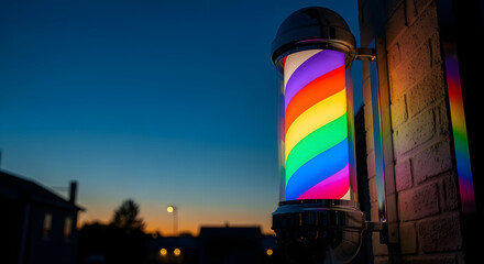 A vibrant, illuminated barber pole with rainbow stripes at dusk, mounted on a brick wall, with a town backdrop