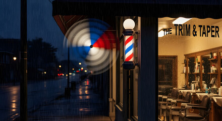 A classic barber shop is shown in a rain-swept scene. The barber pole spins, illuminated by a streetlamp. Inside, one can see mirrors and chairs