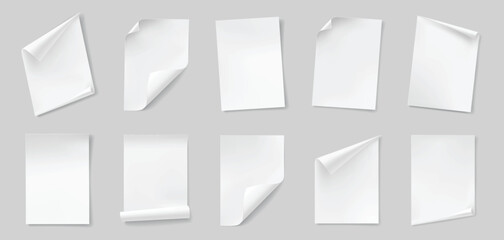 Collection of blank white paper sheets with curled corners and shadows.