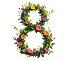 Number eight made of colourful spring leaves and flowers, isolated on white background.