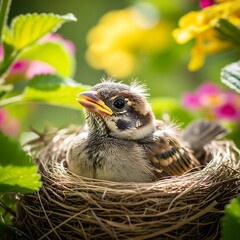 Young avian creature resting snugly within a woven habitat surrounded by lush foliage and colorful blossoms