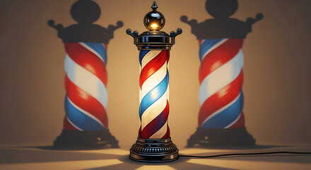 A digitally rendered barber pole with spiraling red, white, and blue stripes. It has a decorative top and a stand