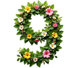 Number nine made of colourful spring leaves and flowers, isolated on white background.