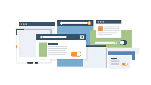 Overlapping web browser windows and application interfaces displaying UI elements like search bars, text, and toggle switches, representing digital content and software development.