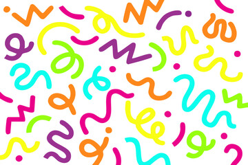 Playful abstract pattern of neon-colored squiggles zigzags and dots on a white background.