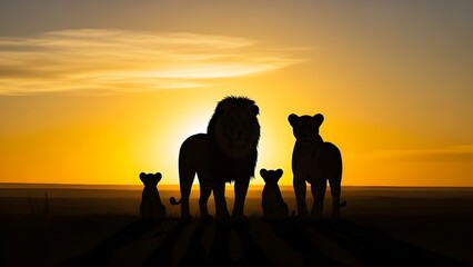 Lion Family Silhouette Against Dramatic Golden African Sunset