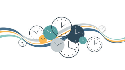 Abstract illustration of multiple clocks of different sizes and colors flowing along wavy lines, symbolizing the passage and management of time.