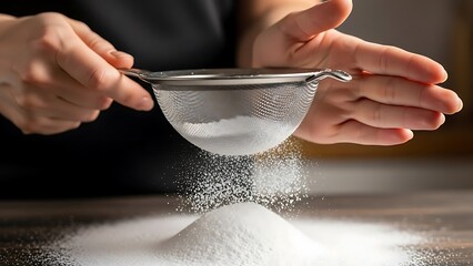Sifting powdered confectioners sugar onto a wood surface for decoration