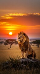Majestic male lion sits atop a rock against a vividly colored savanna sunset