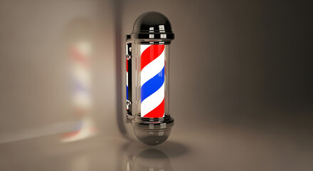 A classic barber pole with red, white, and blue spiral stripes reflecting onto a surface. Chrome finishes are visible