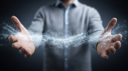 a person using a futuristic holographic interface to control a network of highspeed communication connections and satellite signals for mobile devices