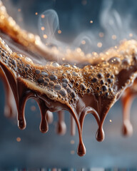 Rich chocolate sauce flowing with bubbles and steam rising