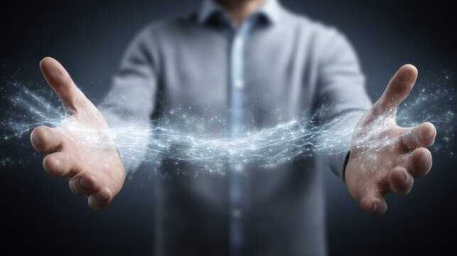 a person using a futuristic holographic interface to control a network of highspeed communication connections and satellite signals for mobile devices - Powered by Adobe