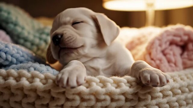 Adorable Puppy Sleeping Peacefully in Cozy Knitted Basket.