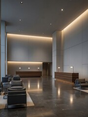 Sophisticated lobby area with neutral tones and wooden reception desks