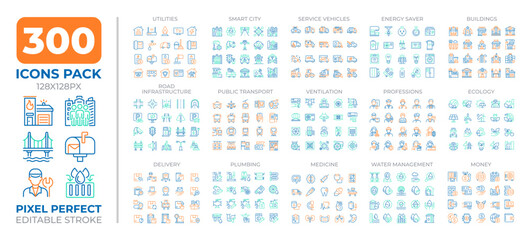 Smart city two color line icons set collection. Urban management strategy. Innovative solutions for town areas bicolor outline mega pack isolated, pixel perfect. Duotone thin lineart. Editable stroke