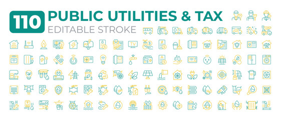 Public utilities and tax two color line icons set. Financial system. Significant source of funding for government services bicolor outline mega pack isolated. Duotone thin lineart. Editable stroke