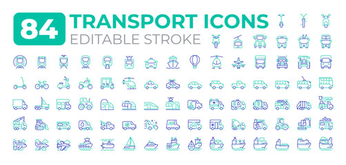 Transportation two color line icons set. Passenger vehicles. Cargo delivery service. Road infrastructure development bicolor outline mega pack isolated. Duotone thin lineart. Editable stroke