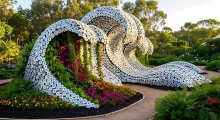 Sculptural depiction of crashing ocean waves constructed from recycled circular objects set within a lush garden environment