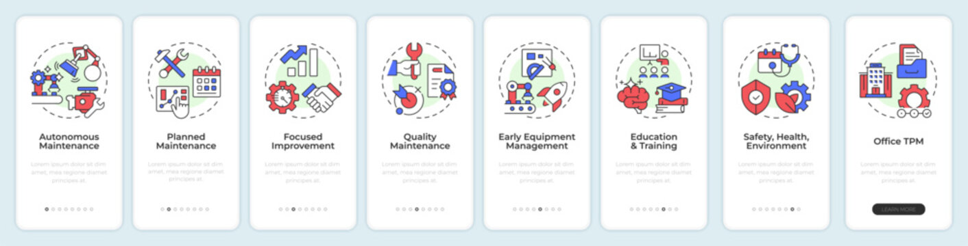 Pillars of tpm onboarding mobile app screen. Production management. Walkthrough 8 steps editable graphic instructions with linear concepts. UI, UX, GUI. Montserrat SemiBold, Regular fonts used